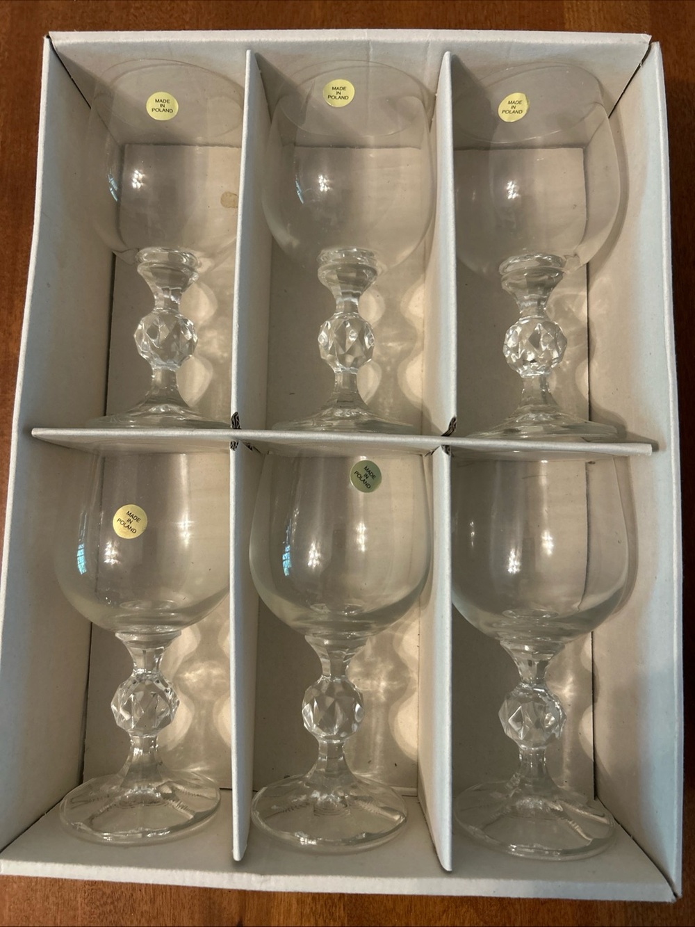 Vintage CLAUDIA Crystal Ball Stemmed Wine Glasses Set = 6 New NIB